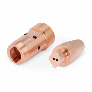 Two copper Lincoln HyperFill HD Contact Tips, 0.045 in. (10/pack) KP4482-045-HD are shown—one upright displaying three round holes, one flat with a clover-shaped opening—ideal for high deposition GMAW applications.