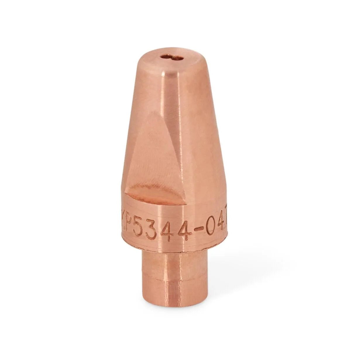 A Lincoln Hyperfill HD FCAW Contact Tip, 0.047 in. (KP5344-047-HD), with a tapered cylindrical copper shape and a small hole at the top, shows an engraved part number on its side, displayed against a plain white background.