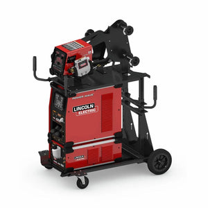 A red and black Lincoln HyperFill Reveal Power Feed 84 Dual Ready-Pak (K4650-4) welding system on wheels features control panels, handles, cables, and mounted equipment. Shown on a white background, it supports twin wire MIG processes.