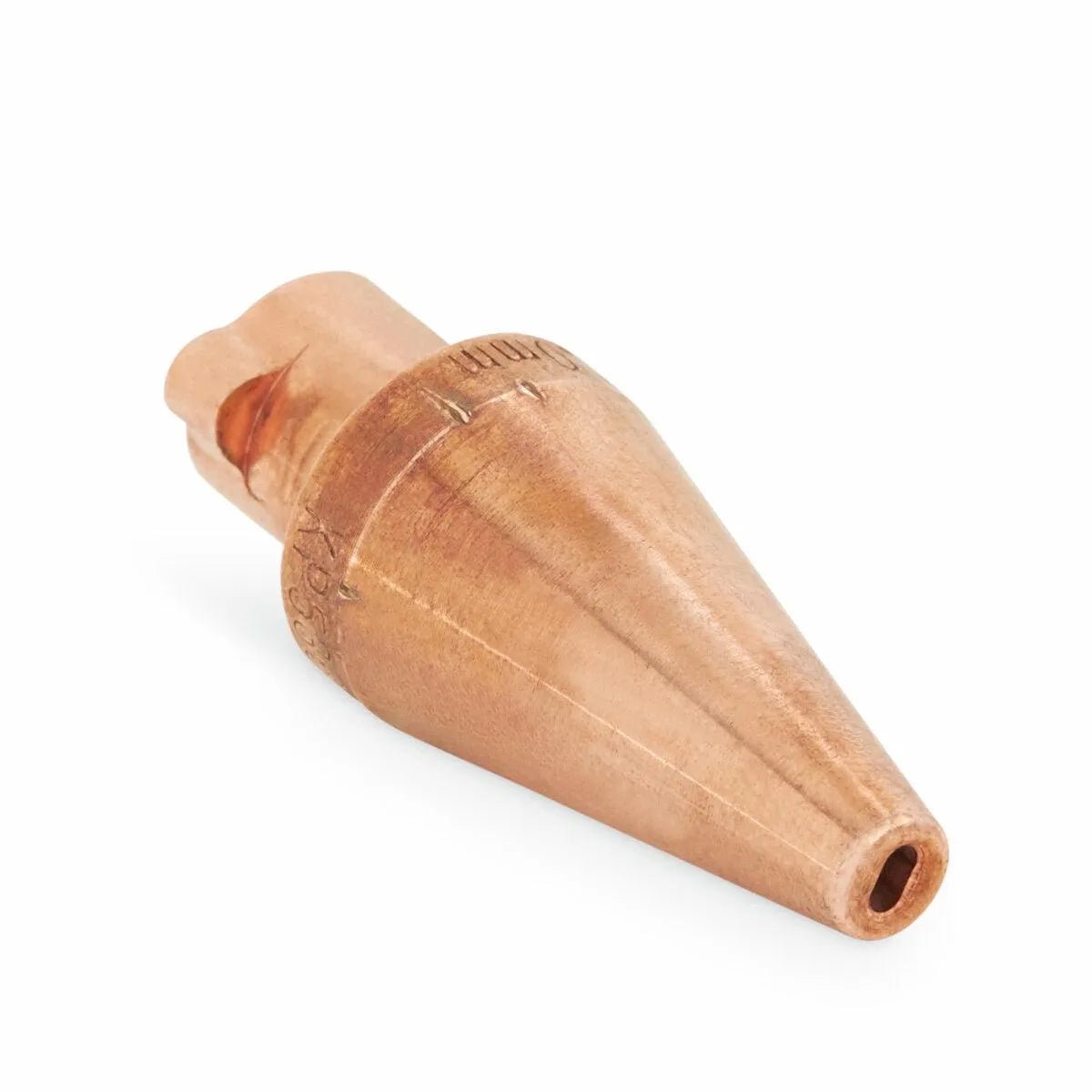 The Lincoln HyperFill STT Contact Tip, 0.040 in. (10/pack) KP5368-040T features a copper, conical design with engraved markings and a small nozzle opening for GMAW applications, displayed against a white background.