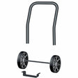 A digital illustration shows three parts of a welder undercarriage: a curved handle at the top, a wheel-and-axle assembly in the middle, and a flat metal bracket at the bottom, all against a white background—ideal for Idealarc 250 welder mobility.