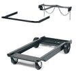 A black metal wheeled cart frame, designed as an Idealarc undercarriage for Lincoln DC400 DC500 welding machines, is shown below a separate black bracket with chains—both parts intended for assembly or enhanced welding machine mobility.