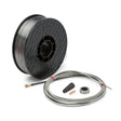 The Lincoln Innershield Welding Kit 0.045 in (1.1 mm) K3281-1 features a spool of flux cored wire upright beside a coiled cable with a brass tip, black rubber nozzle, copper connector, and metal ring on a white background.