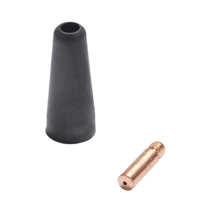 A black rubber welding nozzle from a Magnum 100L and a small copper contact tip, both part of the Lincoln Innershield Welding Kit .035 in (0.9 mm) K549-1, are side by side on a white background.