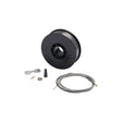 The Lincoln Innershield Welding Kit .045 in (1.2 mm) K2528-1 includes a black plastic spool with coiled metal cable, short coiled wire, gray connector, Magnum 100L gun liner, brass fitting, rubber cap, and steel cable with gold end.
