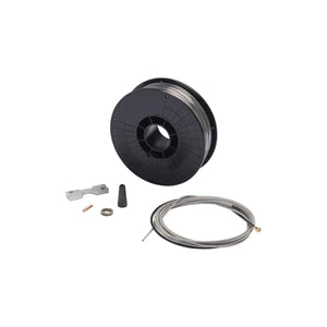 The Lincoln Innershield Welding Kit .045 in (1.2 mm) K2528-1 includes a black plastic spool with coiled metal cable, short coiled wire, gray connector, Magnum 100L gun liner, brass fitting, rubber cap, and steel cable with gold end.