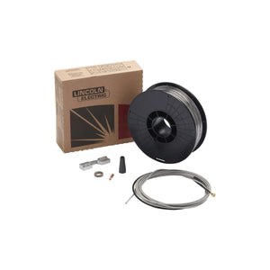 The Lincoln Innershield Welding Kit .045 in (1.2 mm) K2528-1 includes flux-cored wire, a coiled cable, branded box, black nozzle, metal accessories, and a Magnum 100L gun liner—all arranged on a white background.
