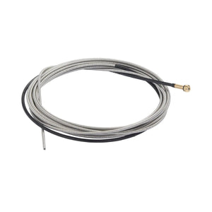 The Lincoln Innershield Welding Kit .045 in (1.2 mm) K2528-1 features a coiled silver metal cable with a brass fitting and black sheath, compatible with the Magnum 100L gun liner, loosely wound into a circle on a white background.