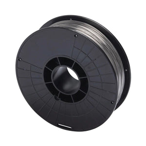 A large black plastic spool from the Lincoln Innershield Welding Kit .045 in (1.2 mm) K2528-1, tightly wound with shiny silver flux-cored wire, featuring a wide central hole with evenly spaced grooves radiating from the center.
