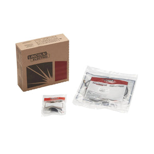 A brown Lincoln Electric box stands upright beside two clear packages—one featuring a Magnum 100L gun liner—with welding accessories for the Lincoln Innershield Welding Kit .045 in (1.2 mm) K2528-1, all on a plain white background.