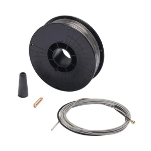 The Lincoln Innershield Welding Kit .045 in (1.2 mm) K2528-1 features a black spool of flux-cored wire, a loose coil with brass tip for Magnum 100L compatibility, a black rubber nozzle, and small copper cylinder—all shown on a white background.