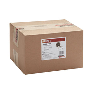 A sealed Lincoln Innershield Welding Kit .045 in (1.2 mm) K2528-1 sits on a white background in a plain brown box with a barcode, date, and Lincoln Electric logo on its white and red label.