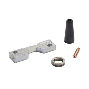 The Lincoln Innershield Welding Kit .045 in (1.2 mm) K2528-1 includes four parts—silver metal connector, black rubber cone cover, copper pin, and flat washer—arranged separately on a white background.