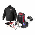 Lincoln Ready-Pak M K4590-M welding gear set: black jacket, helmet, gloves—essential PPE for welders or welding students.