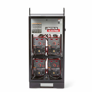 Lincoln Invertec V276 4-Pack Rack (K4869-1): Portable metal rack for welding equipment, holds 4 power sources with cables attached.