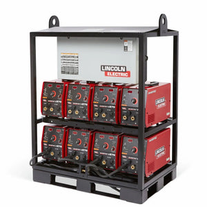 Lincoln Invertec V276 8-Pack Rack K4869-2 with six red inverter welders, control unit, and cables for industrial welding setups.