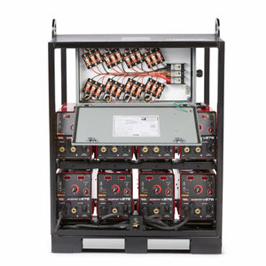 Lincoln Invertec V276 8-Pack Rack K4869-2 welding chargers on metal rack with control panel, wiring, and circuit breakers.