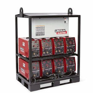 Lincoln Invertec V276 8-Pack Rack K4869-2 welding stations on metal rack with coiled cables, ideal WeldingMart equipment.