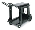 The Lincoln Inverter and Wire Feeder Cart K1764-1 features a black metal frame, two handles, four wheels, a flat top platform, open middle section with hanging chain, and lower shelf—perfect for welding gear or use as an inverter wire feeder cart.