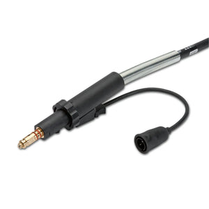 A close-up of a black automotive cable with a metal connector on one end and a smaller round black connector on an attached short wire, similar to those used in Innershield FCAW-S welding gun setups, set against a white background.