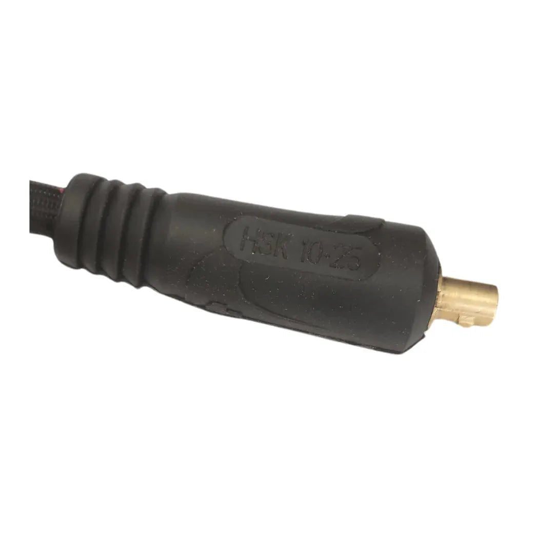 Close-up of a Lincoln K1622-7 10-25 Male Connector with Gas Pass featuring a black, ribbed grip and brass tip. The connector is embossed with H5K 10-25 on its side against a plain white background.