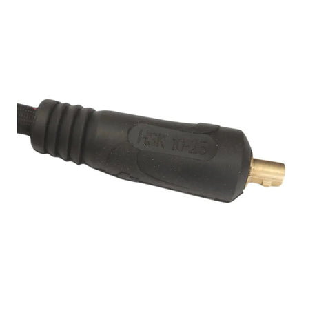 Close-up of a Lincoln K1622-7 10-25 Male Connector with Gas Pass featuring a black, ribbed grip and brass tip. The connector is embossed with H5K 10-25 on its side against a plain white background.