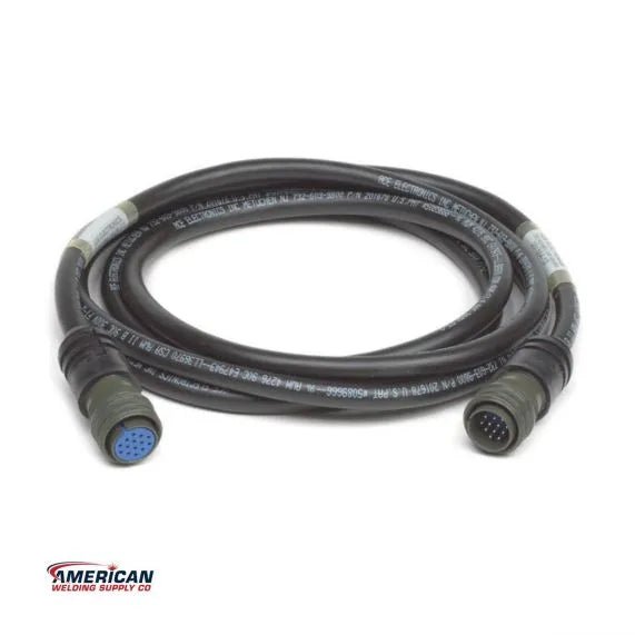 The Lincoln K1785-75 Heavy Duty Control Cable is a 75ft black cable coiled in a circle, featuring circular connectors with blue and black pins on each end. It’s ideal for welding equipment. The American Welding Supply Co logo appears bottom left.
