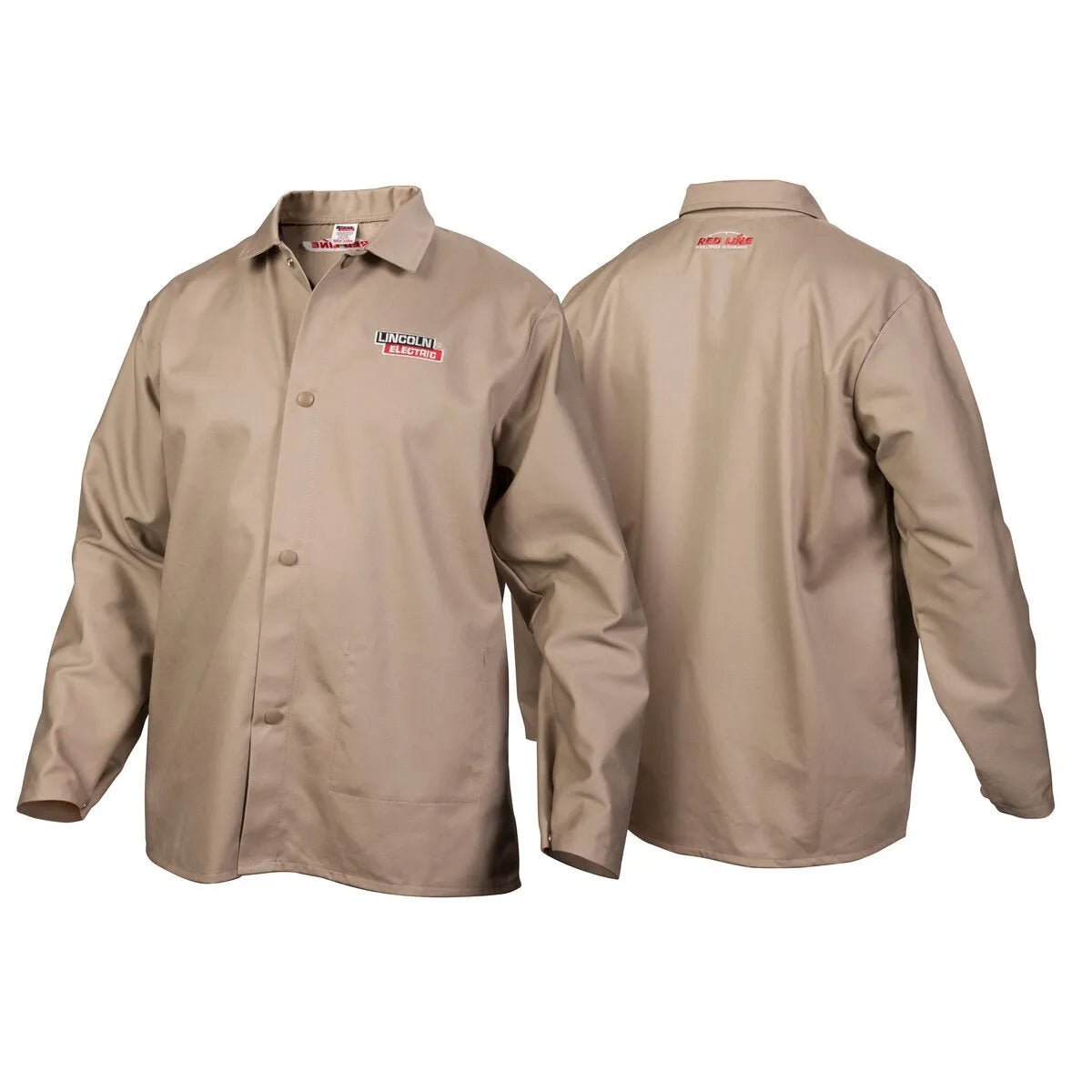 Two views of the Lincoln K3317-XS XS Traditional Khaki FR Cloth Welding Jacket: the front has snap buttons and a small “Lincoln Electric” chest logo; the back features a bold red “LINCOLN ELECTRIC” logo below the collar.