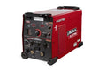 A red Lincoln K3443-2 Flextec 350X PowerConnect Twistmate multi-process welder is displayed with automatic voltage sensing, front control knobs and ports, branding, ventilation grilles, and black corner guards.