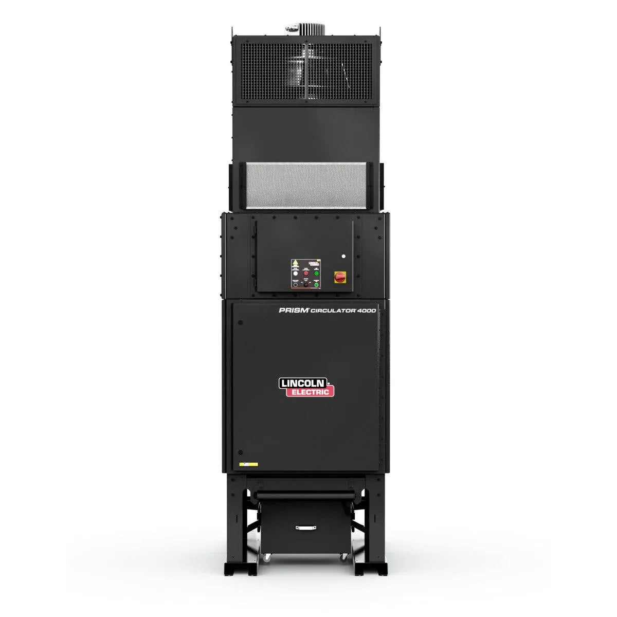 A tall, black Lincoln K5140-6 Prism Circulator 4000 (575V, PTFE filter) with top vents, central control panel, collection bin below, and Lincoln Electric logo; energy efficient and stands on four legs.