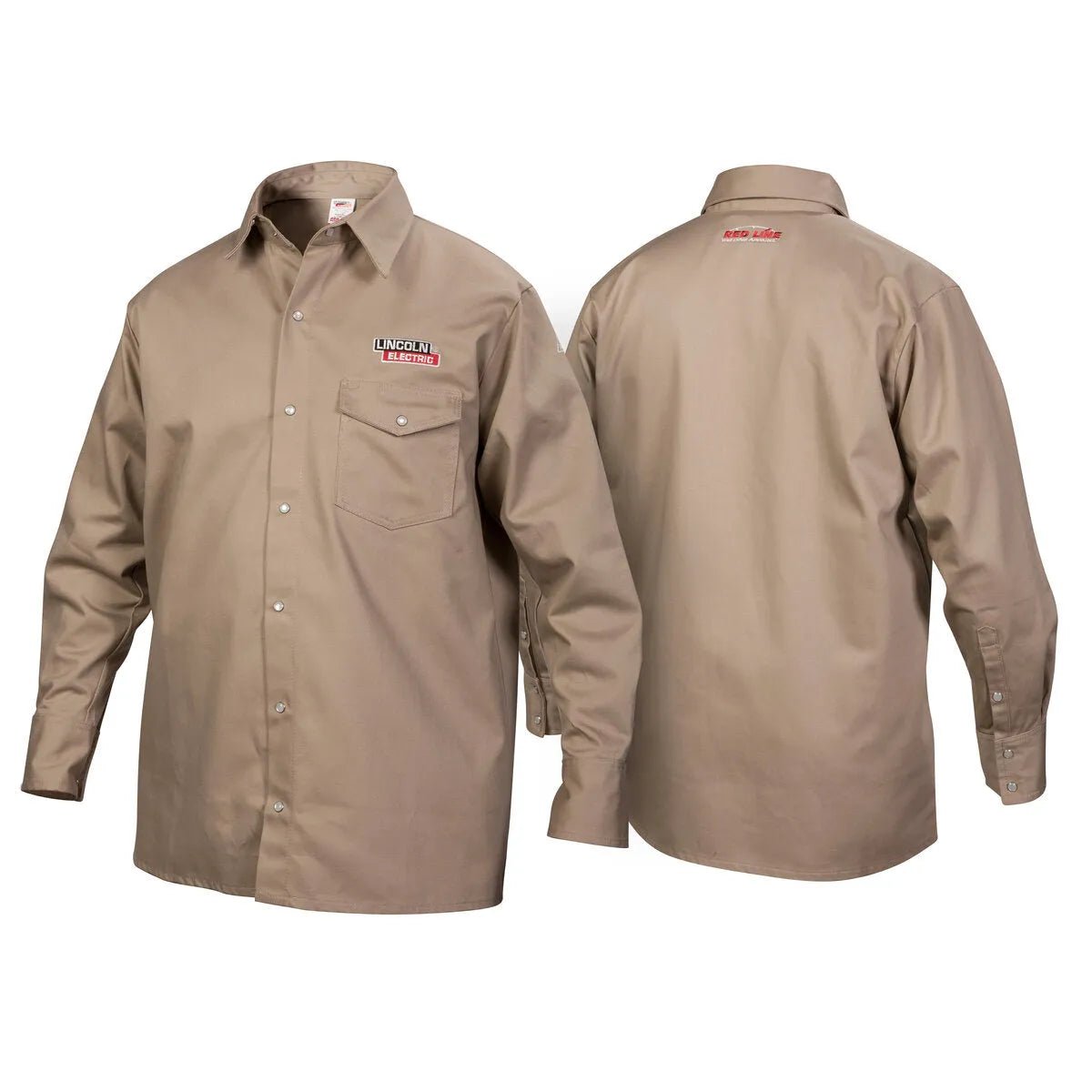 Two views of the Lincoln K3382-2XL Khaki Flame Retardant Welding Shirt (2XL) show its front with a left chest pocket featuring a red and white Lincoln Electric logo, and a plain back with a small logo near the collar.