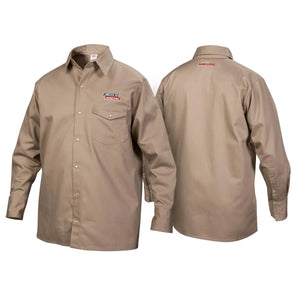 Two views of the Lincoln K3382-2XL Khaki Flame Retardant Welding Shirt (2XL) show its front with a left chest pocket featuring a red and white Lincoln Electric logo, and a plain back with a small logo near the collar.