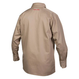 The Lincoln K3382-2XL Khaki Flame Retardant Welding Shirt in 2XL is shown from the back, with long sleeves, a collar, buttoned cuffs, and a red and white embroidered logo below the collar on its smooth, durable fabric.