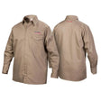 The Lincoln K3382-L Khaki Flame Retardant Welding Shirt Large is shown from two angles. It features a collar, left chest pocket, and “LINCOLN ELECTRIC” embroidery on the front and back—ideal for industrial or utility work.