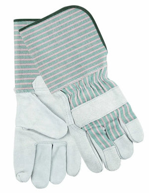 The Lincoln TBD Gray Welding Gloves - KH640 feature gray leather palms and fingers, green-and-pink striped fabric backs and cuffs, with the gloves shown overlapped—one laid flat over the other.