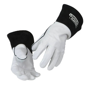 The Lincoln Leather TIG Welding Gloves- Large K2981-L are white goat skin leather gloves with black fabric cuffs and Kevlar stitched seams, offering supple material and durability for welding or heavy-duty protection.
