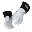 A pair of white goat skin leather work gloves with black cuffs, Kevlar stitched for durability and featuring the Lincoln Electric logo on the wrist. The gloves are positioned with palms and fingers visible, suggesting flexibility and protection.