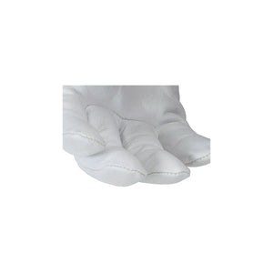 Close-up of a plush white glove with four large, rounded fingers, resembling a cartoon character’s hand—crafted from supple goat skin leather for comfort and durability.