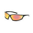 Lincoln K2971-1 Black Welding Safety Glasses with wraparound frame, angular design, and UV-protective orange-red mirrored lenses.
