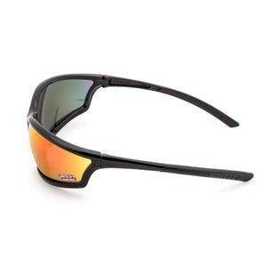Lincoln Black Outdoor Safety Glasses K2971-1 for welders, orange mirrored UV lenses, side view, sticker on left lens. WeldingMart.