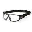 Lincoln K3119-1 padded welding safety glasses with clear lenses, black frame, foam liner, and adjustable strap for welding protection.