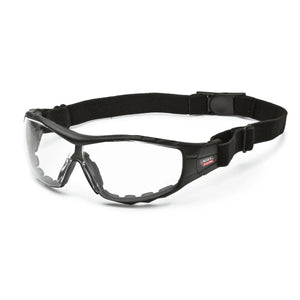 Lincoln K3119-1 padded welding safety glasses with clear lenses, black frame, foam liner, and adjustable strap for welding protection.
