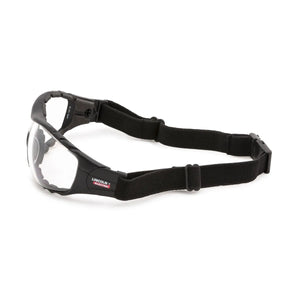 Lincoln Welding Safety Glasses K3119-1 with clear lenses, black frame, foam liner & strap—essential welding accessory, side view.