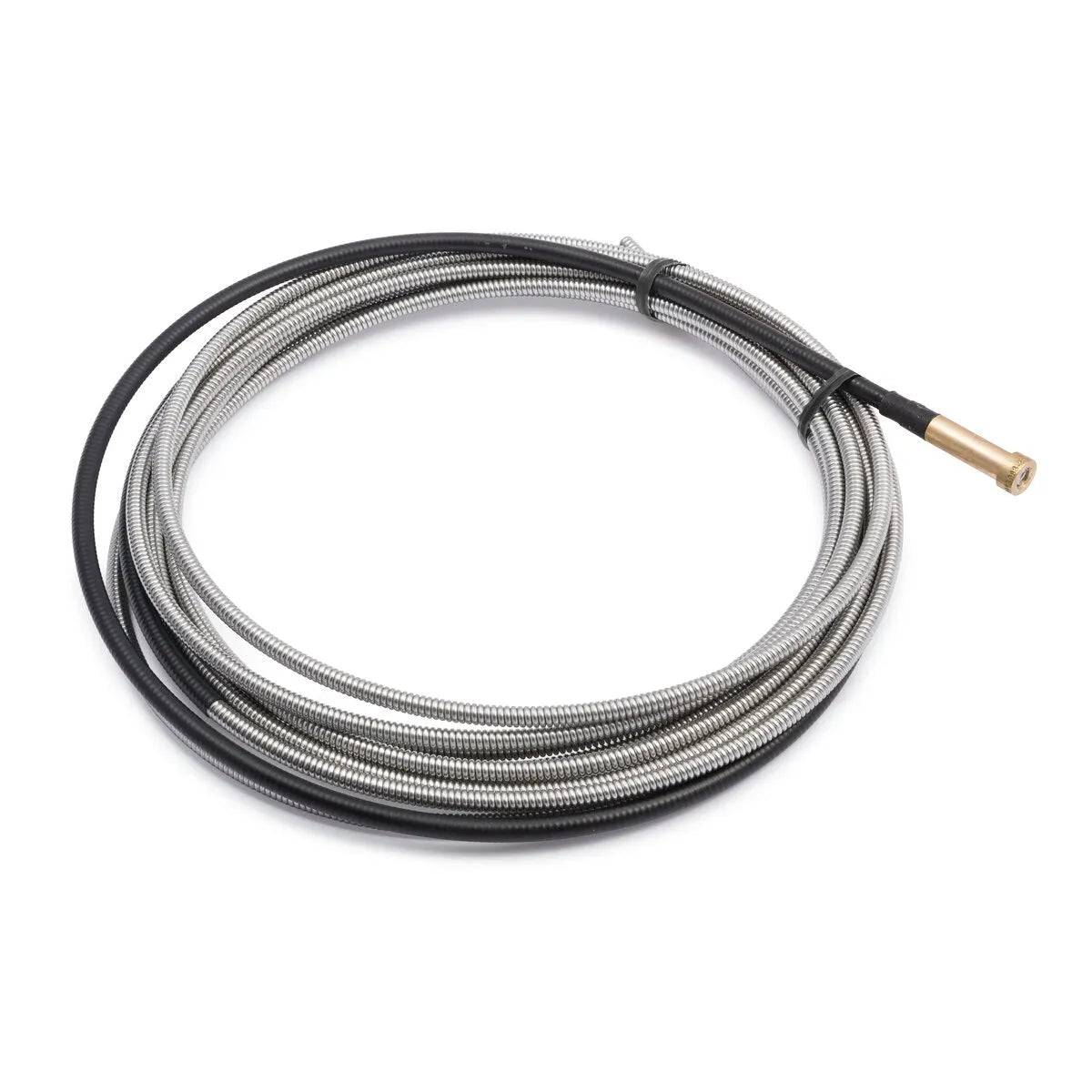 The Lincoln LINER, 3/32, 15 GUN (44-332-15) KP44-332-15 is a coiled silver flexible metal cable with a black section and brass fitting at one end, neatly looped in a circle against a white background.
