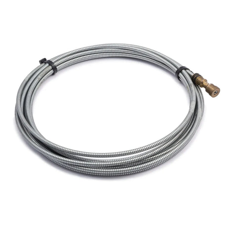 The Lincoln Liner Aluminum .035-3/64 in (0.9-1.2 mm) 15 ft KP45N-3545-15 is a coiled, silver-colored flexible metal hose with ribbed texture, black straps, and a brass connector, shown on a plain white background.