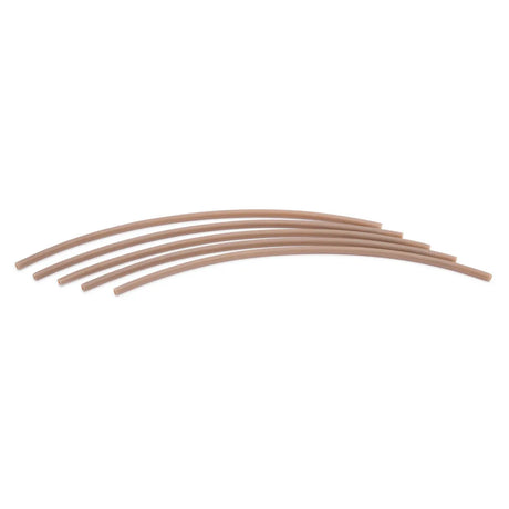 Five smooth, curved light brown plastic tubes are laid side by side on a white background. These Lincoln Liner Package Magnum Pro KP3376-1 tubes are evenly spaced, parallel, and designed for Magnum PRO AL Push Pull Guns.