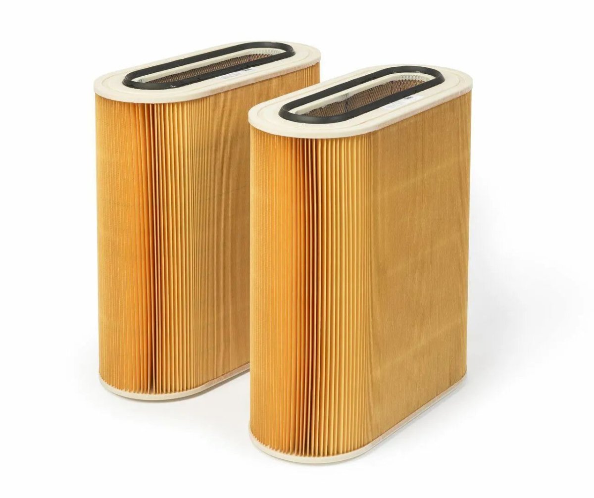 Two rectangular Lincoln LONGLIFE FILTER FOR DOWNFLEX 200-M & 400-MS/A KP2752-13 filters with white frames and rounded corners stand upright. They feature vertical orange-brown pleats and black mesh at the top openings.