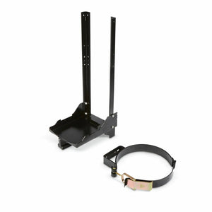 The Lincoln LPG Tank Holder K1745-2, featuring a black metal bracket with two vertical supports and a square base, is shown beside its matching adjustable strap clamp—both ideal for mounting cylindrical tanks. Displayed on a plain white background.