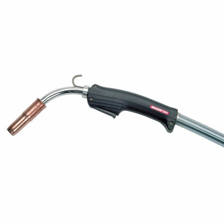 Lincoln Magnum 300 Welding Gun K470-6 with black handle, curved neck, and copper nozzle—premium welding tool at WeldingMart.