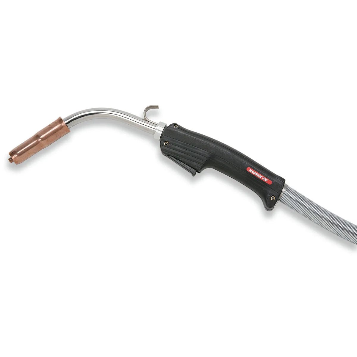 Lincoln Magnum 400 Welding Gun K479-4, ergonomic handle, curved neck, copper nozzle—ideal flux-cored tool for Lincoln welders.